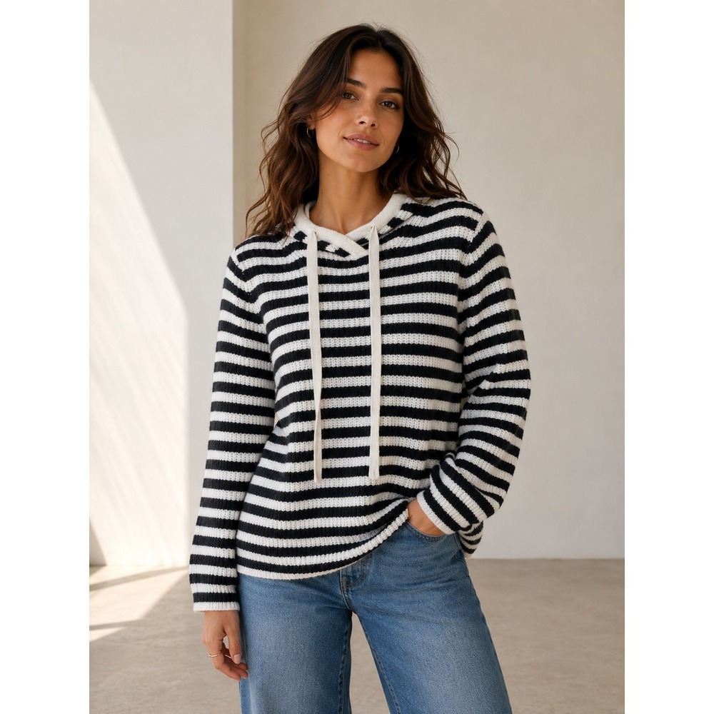 GAP Womens Striped Knit Hoodie Sweater Black White Wool Blend